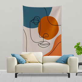 Abstract face-line tapestry with teal, cream and orange shapes.