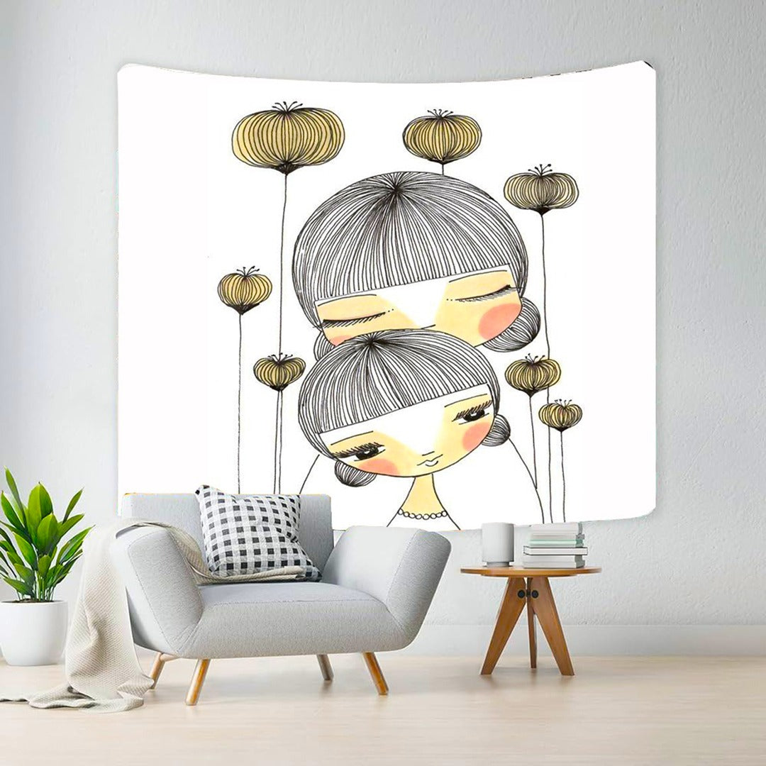 White tapestry with a stylised mother-and-child illustration in grey and yellow.