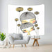 White tapestry with a stylised mother-and-child illustration in grey and yellow.