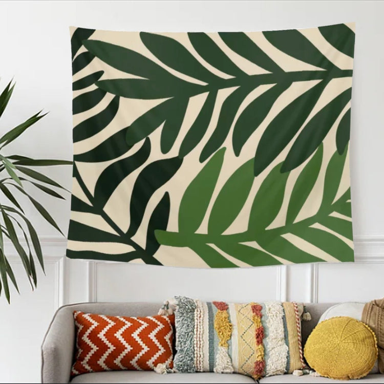 Cream tapestry with large dark green tropical leaves.