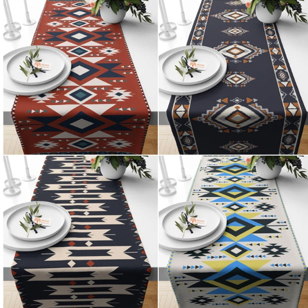 Four geometric table-runner designs in contrasting colours.