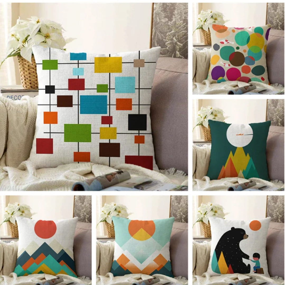 Six colourful cushion covers with abstract shapes, landscapes and illustrated designs.