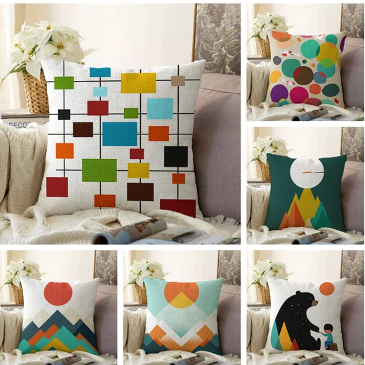 Six colourful cushion covers with abstract shapes, landscapes and illustrated designs.