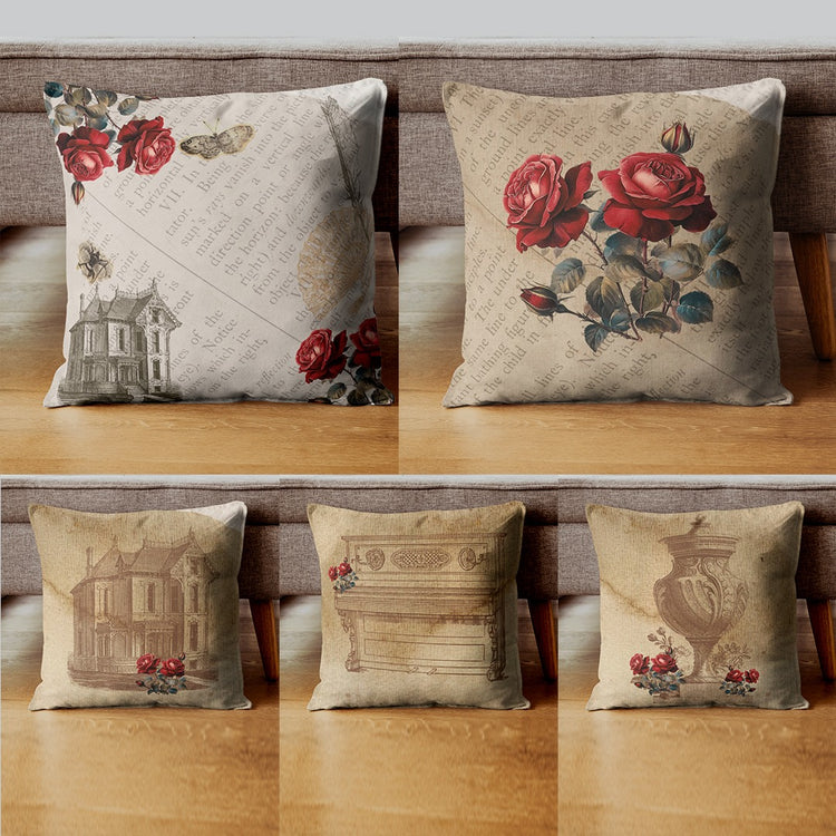 Five beige cushion covers with vintage illustrations and red rose details.