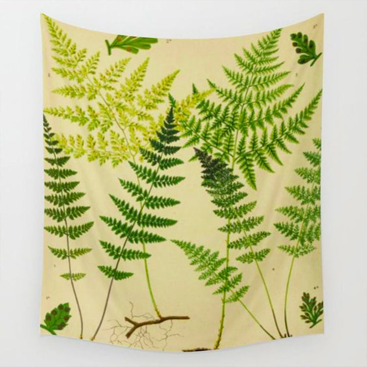 Cream tapestry with assorted green fern leaves.