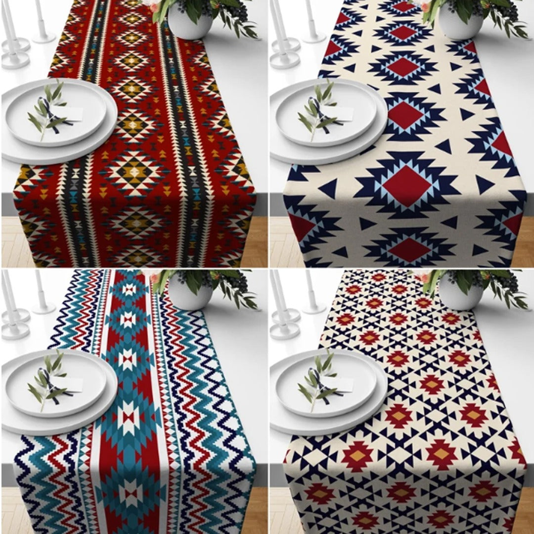 Four rustic geometric table-runner designs in red, cream, navy and turquoise.