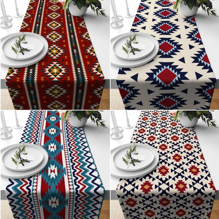Four rustic geometric table-runner designs in red, cream, navy and turquoise.