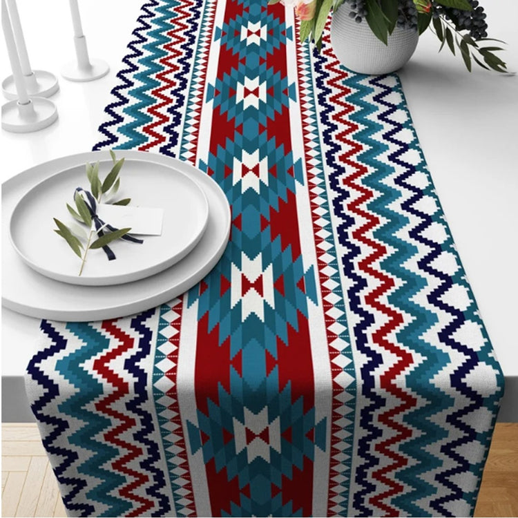 Turquoise, red and cream geometric table runner.