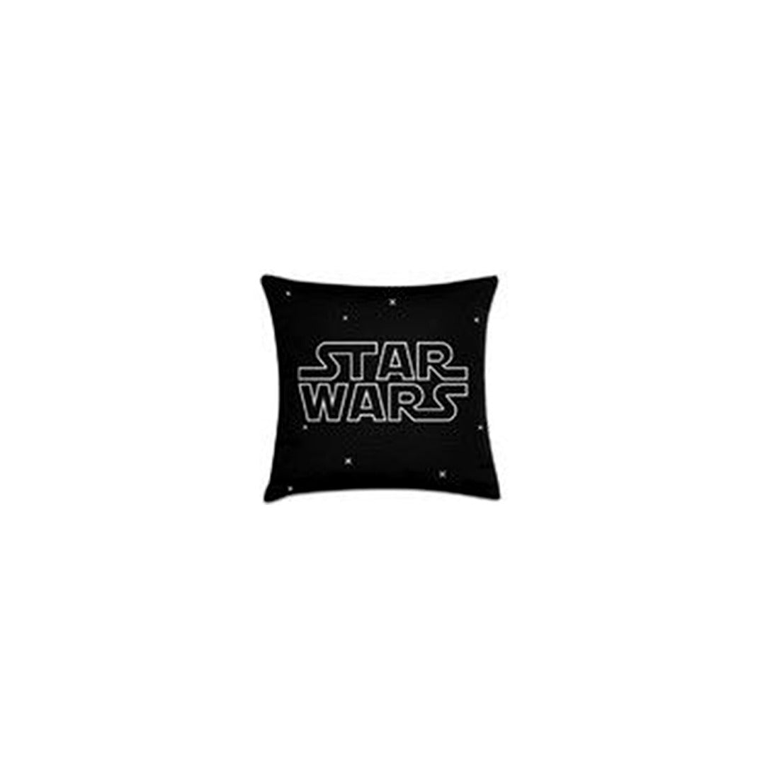 Black cushion cover with outlined Star Wars lettering.