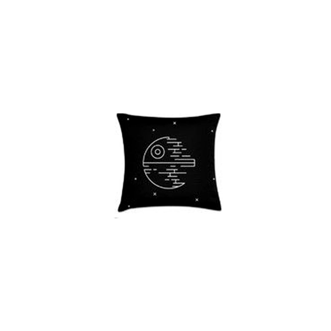 Black cushion cover with a white line drawing of a spherical space station.