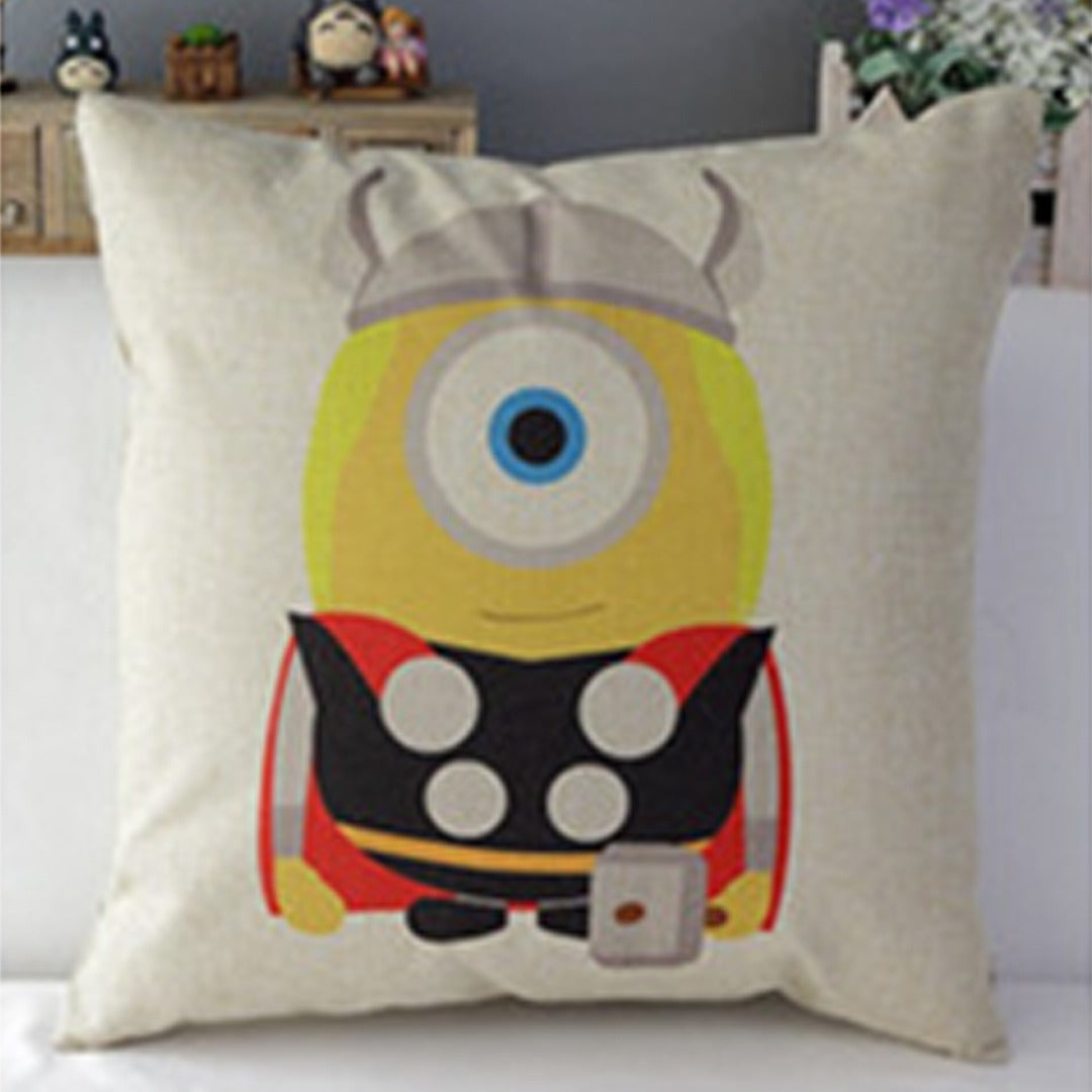 Cream cushion cover with a one-eyed cartoon character wearing a horned helmet and red cape.