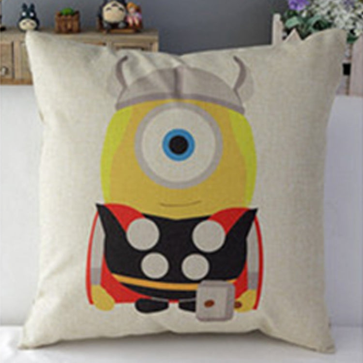 Cream cushion cover with a one-eyed cartoon character wearing a horned helmet and red cape.