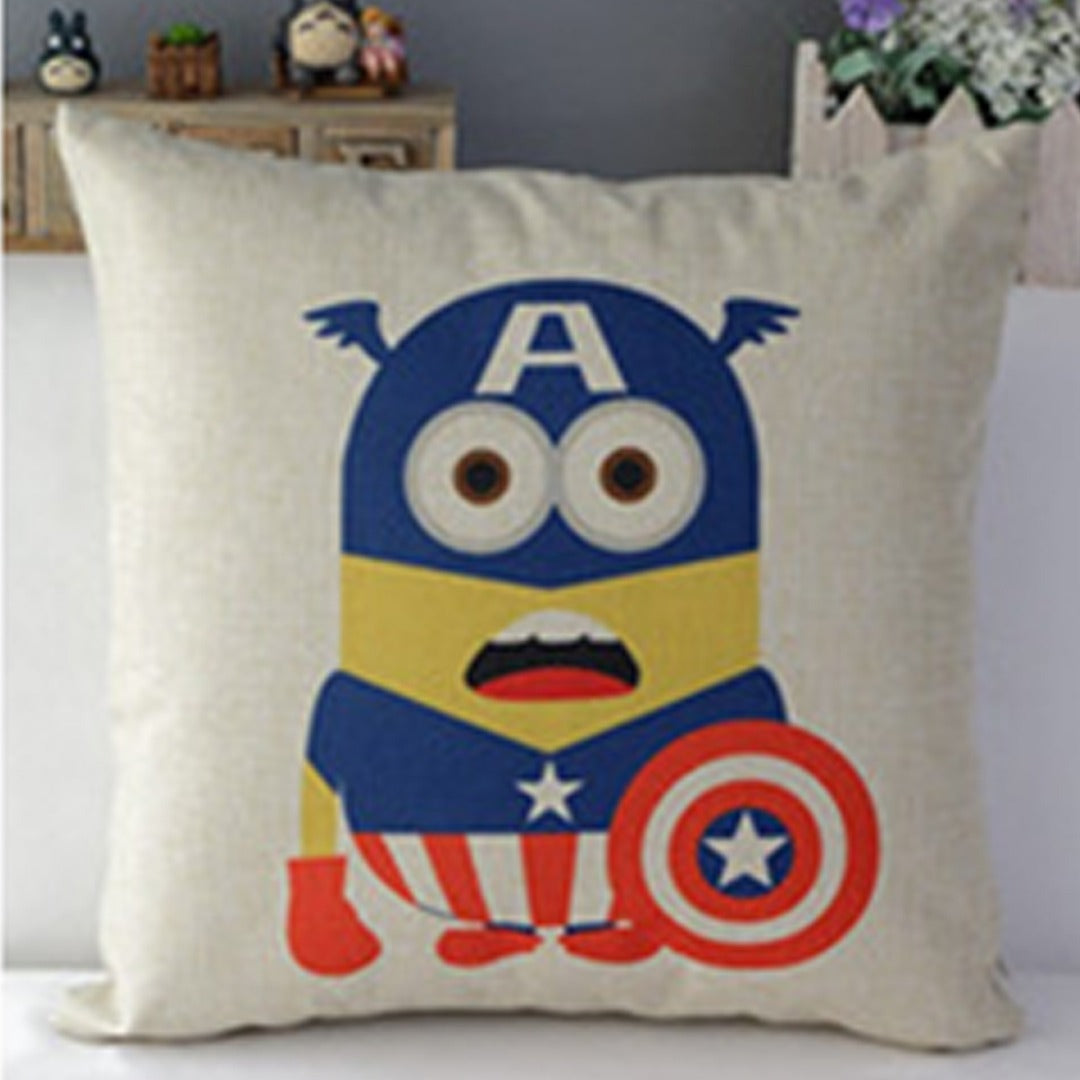 Cream cushion cover with a cartoon character in a blue superhero suit holding a round shield.