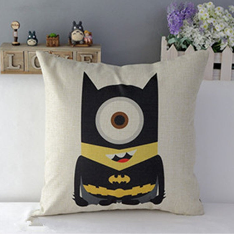 Cream cushion cover with a one-eyed cartoon character in a black bat-themed superhero suit.
