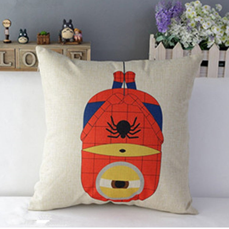 Cream cushion cover with an upside-down cartoon character in a red spider-themed suit.