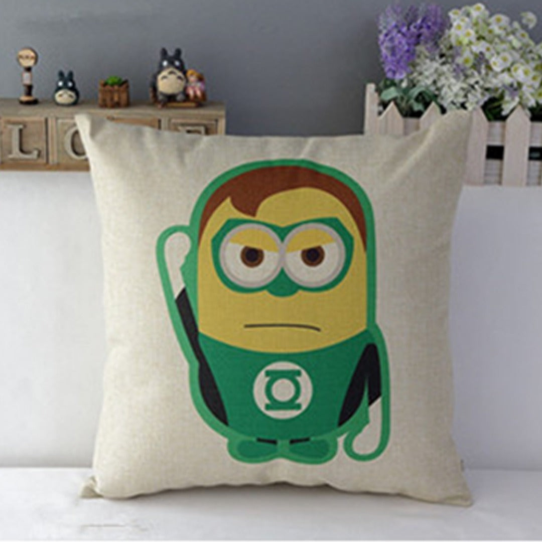 Cream cushion cover with a cartoon character in a green superhero suit.