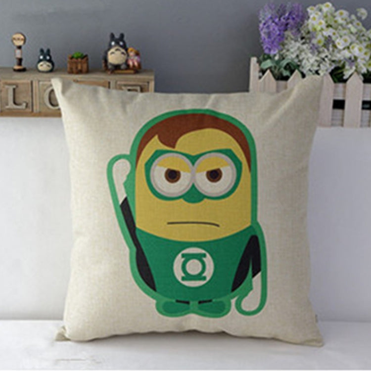 Cream cushion cover with a cartoon character in a green superhero suit.