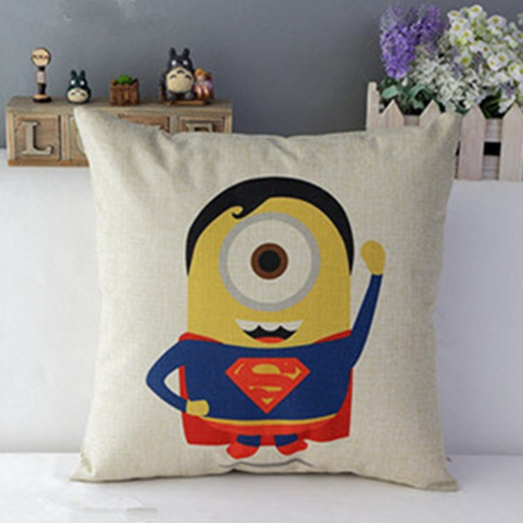 Cream cushion cover with a one-eyed cartoon character in a blue suit and red cape.