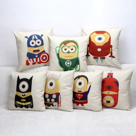 Seven cream cushion covers with cartoon characters dressed as superheroes.