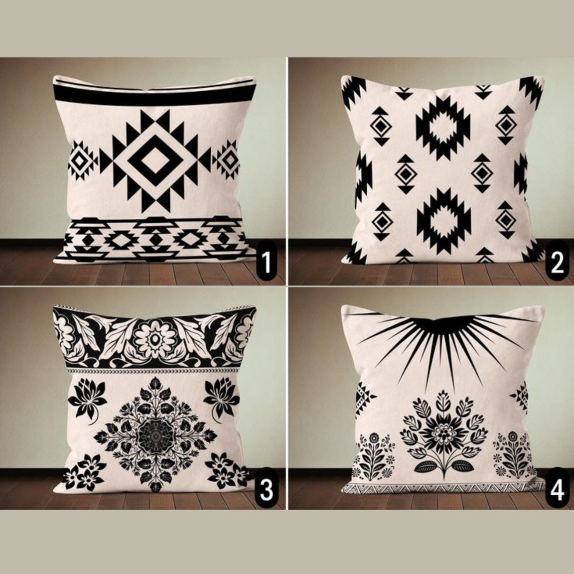 Four cream cushion covers with black geometric and floral designs.