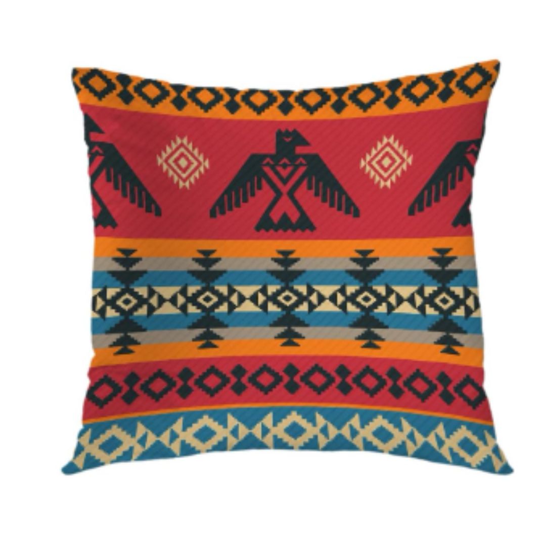 Red cushion cover with bird-like motifs and colourful geometric horizontal bands.
