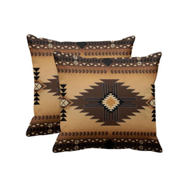 Two ochre cushion covers with brown stepped diamonds and narrow patterned borders.