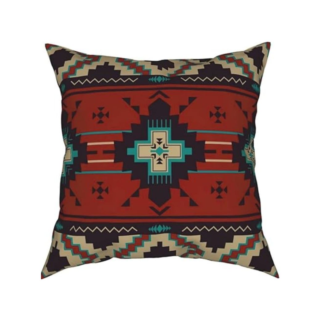 Rust and black cushion cover with a central turquoise and cream stepped motif.