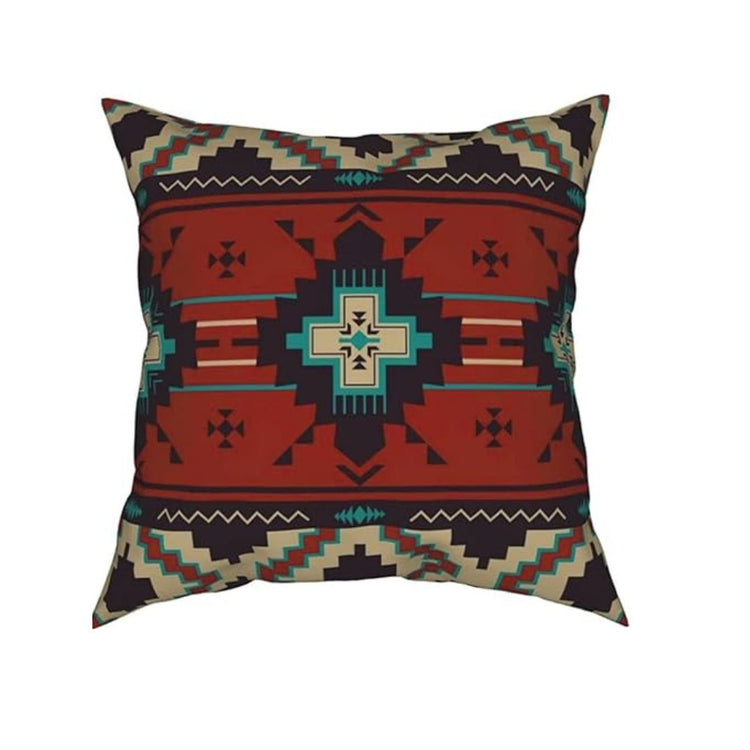 Rust and black cushion cover with a central turquoise and cream stepped motif.