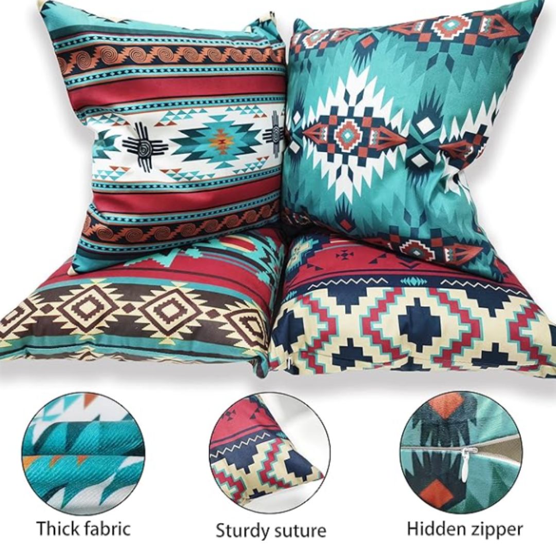 Colourful geometric cushion covers with close-up insets of fabric, seams and zip details.