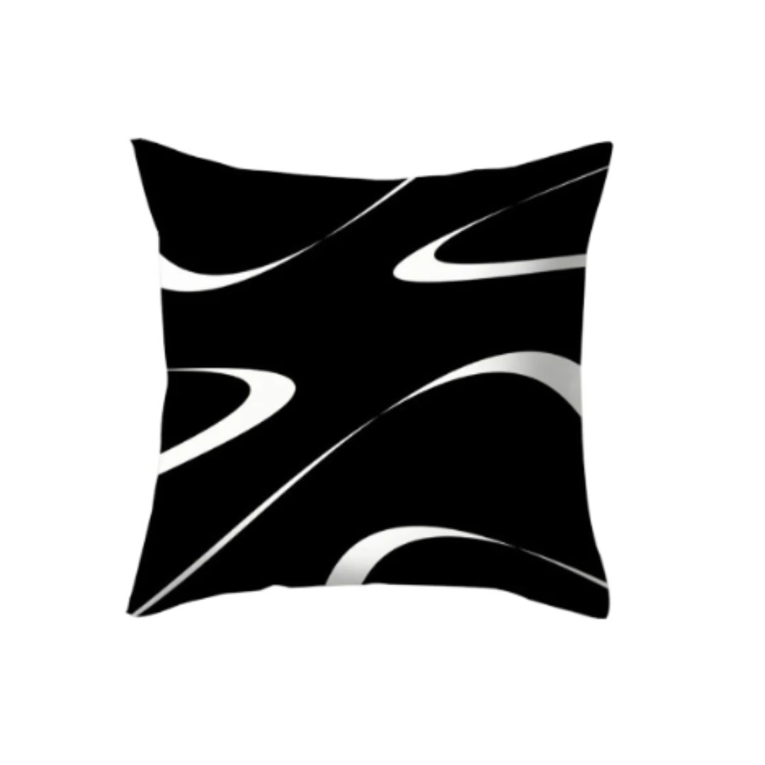 Black cushion cover with thin flowing white abstract curves.