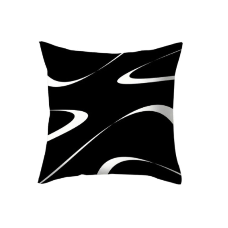 Black cushion cover with thin flowing white abstract curves.
