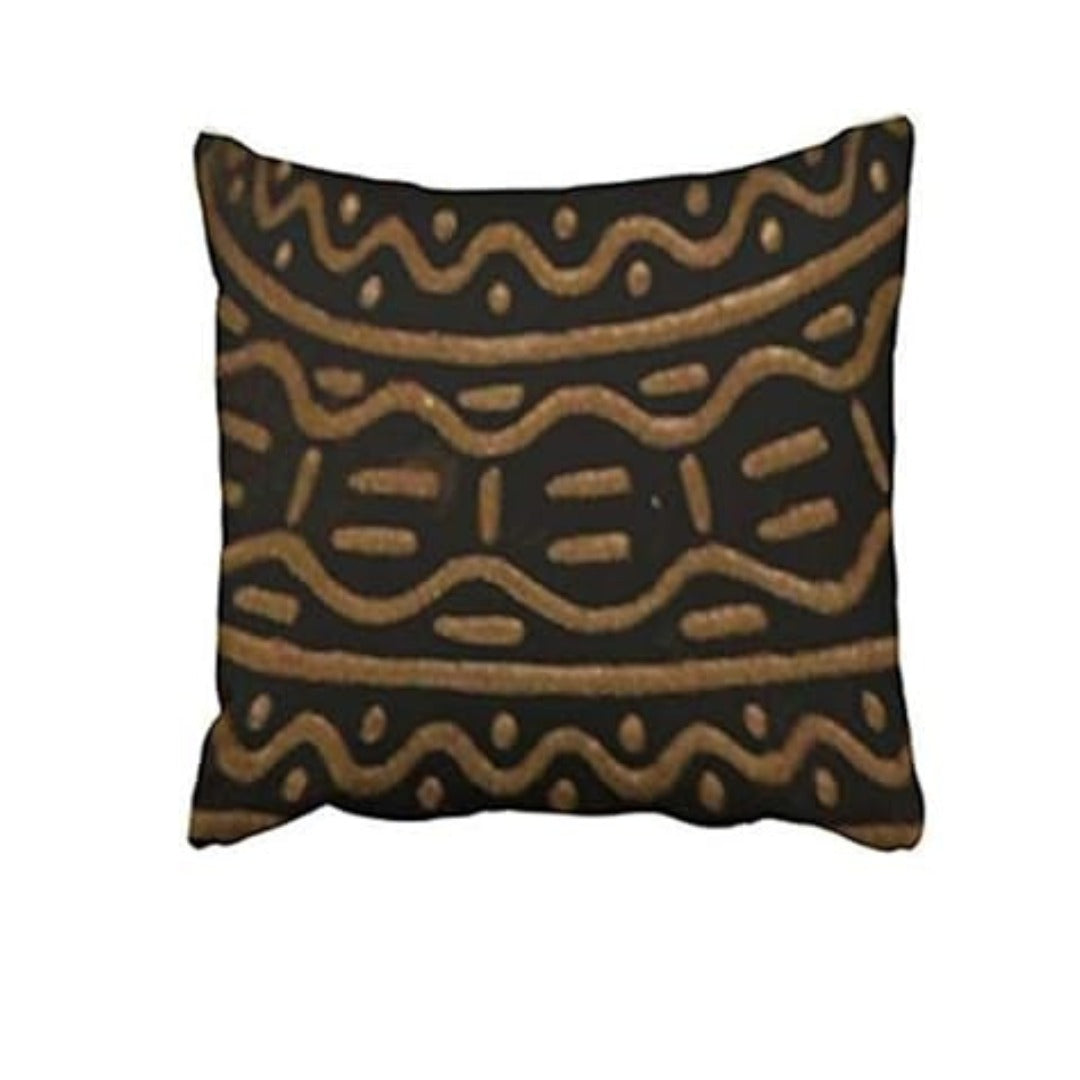 Black cushion cover with horizontal ochre wavy lines and small geometric marks.