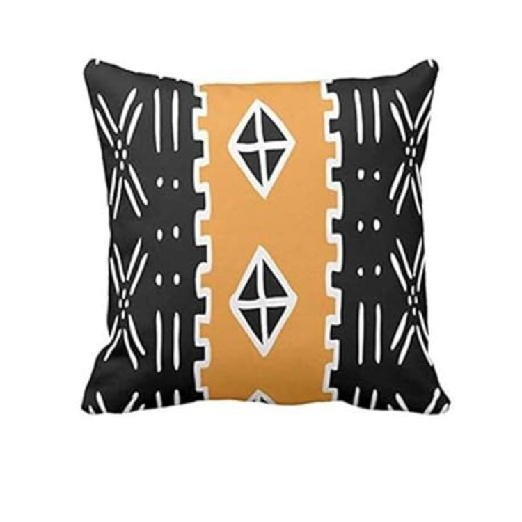 Black cushion cover with a mustard central band, white diamonds and fine white marks.