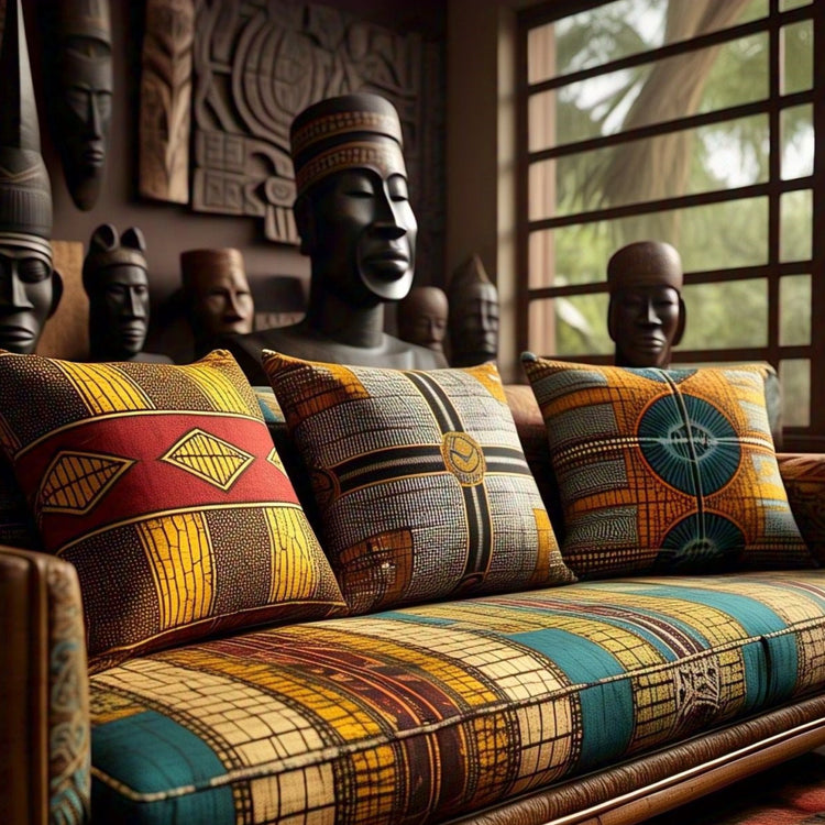 Colourful geometric cushion covers arranged on a patterned bench beneath a window.