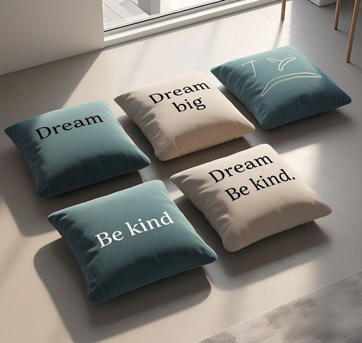 Five teal and cream cushion covers with short Dream and Be kind messages.