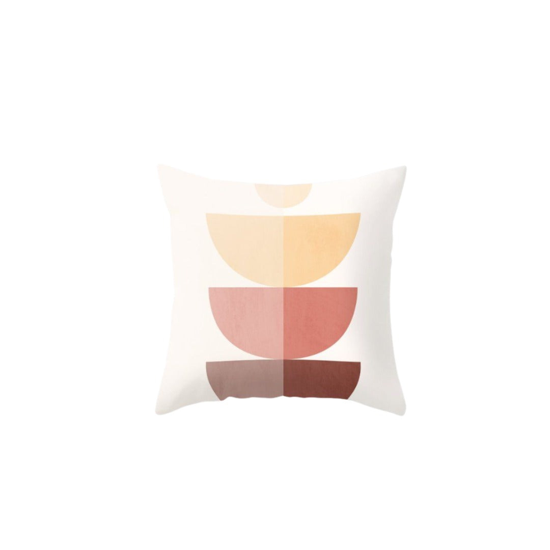 Cream cushion cover with stacked pale yellow, pink and rust semicircles.