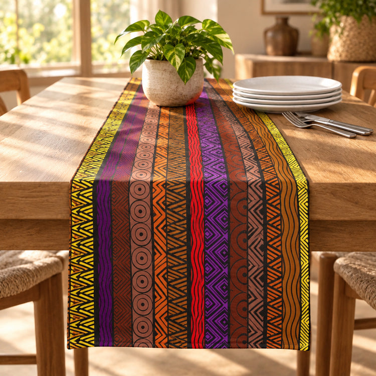 Warm-toned striped table runner with fine geometric motifs.