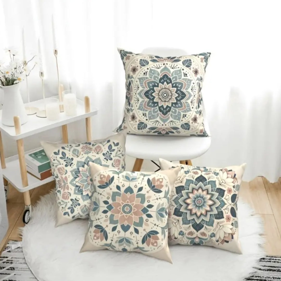 Four cream cushion covers with muted blue floral medallions displayed on a chair and floor.