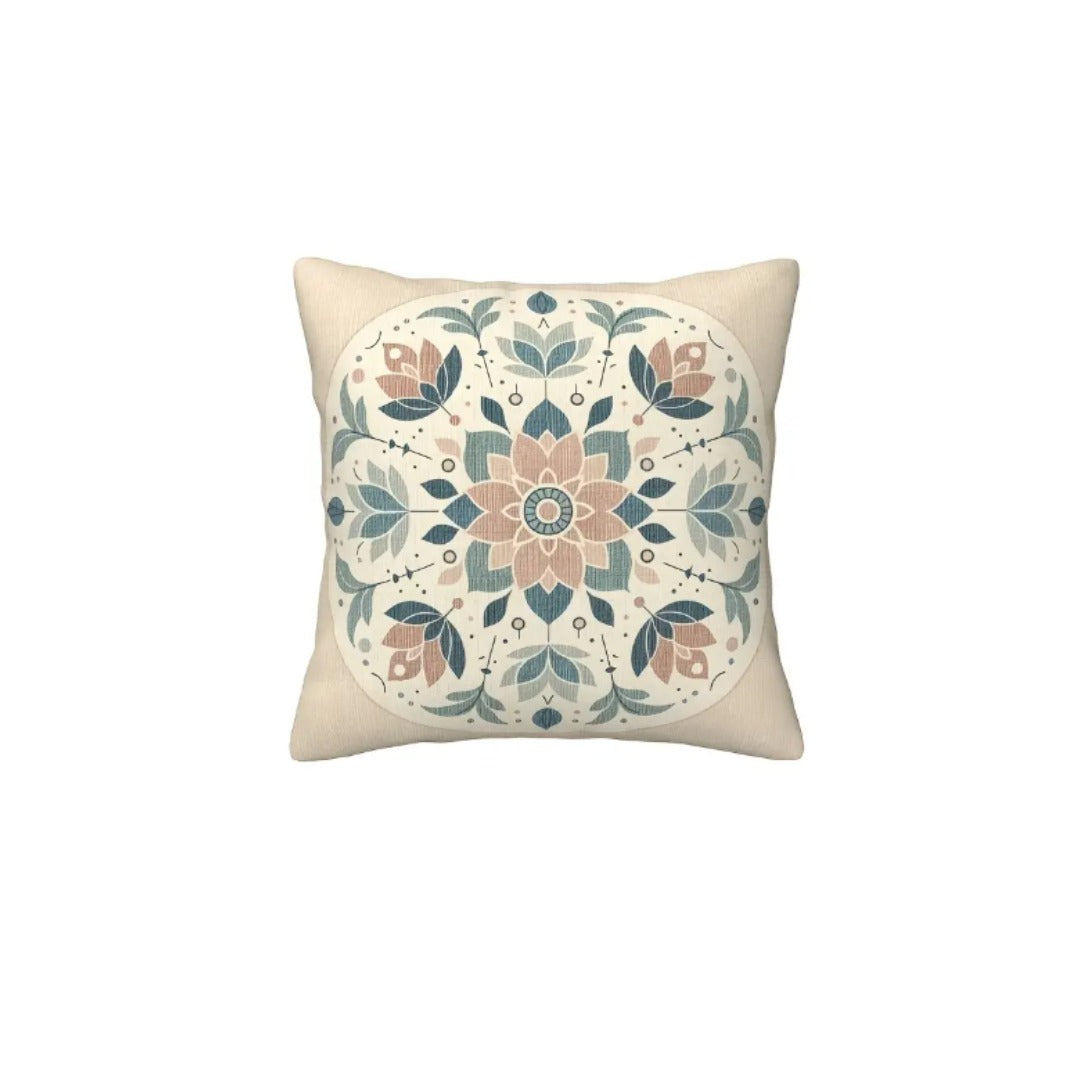 Cream cushion cover with a small peach medallion surrounded by muted blue floral motifs.