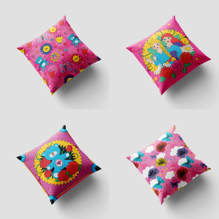 Four brightly coloured cushion covers with playful floral and portrait prints.