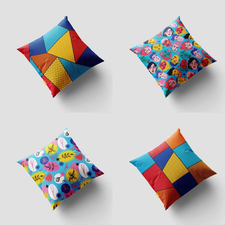 Four bright cushion covers with colourful geometric and pop-art prints.