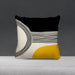Black and cream cushion cover with fine curved lines and a yellow lower corner.