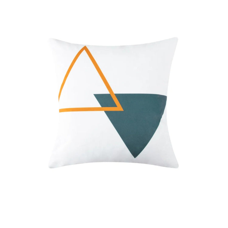 White cushion cover with a mustard outlined triangle overlapping a dark teal triangle.