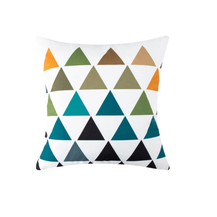 White cushion cover with rows of teal, mustard, grey and dark triangles.