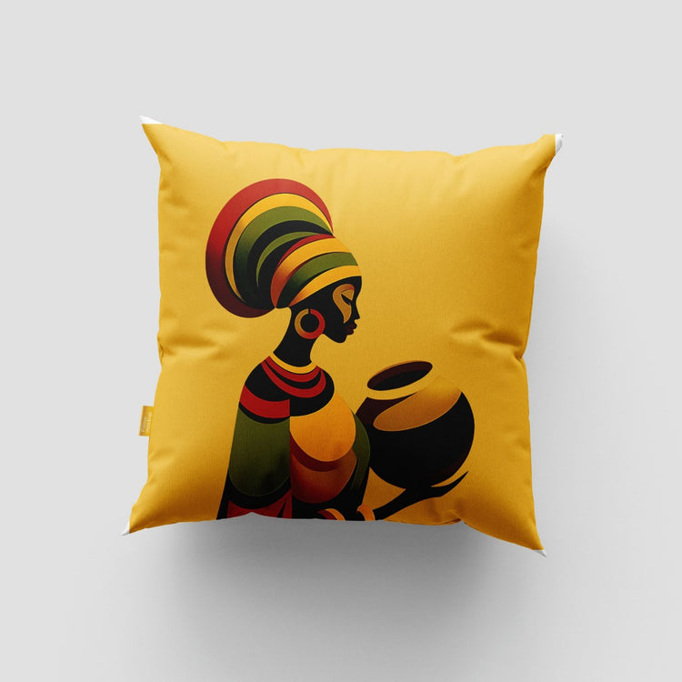 Yellow cushion cover with an illustrated woman in a colourful headwrap holding a pot.