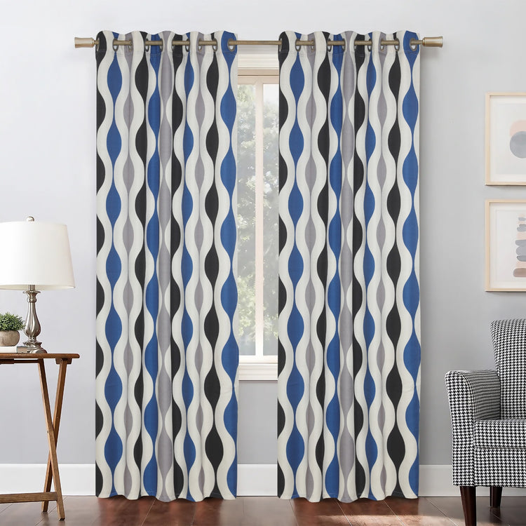 Blue, black and cream wavy-pattern curtains hanging at a window.