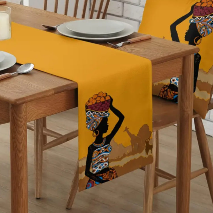 Yellow table runner with an illustrated woman in a patterned headwrap.