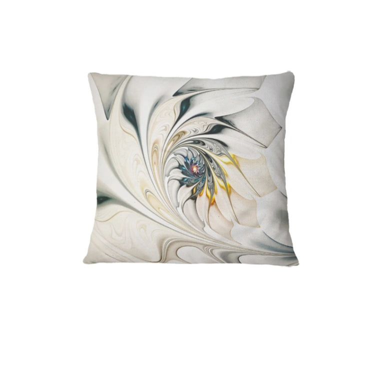 Cream cushion cover with a swirling blue, grey and yellow floral illustration.