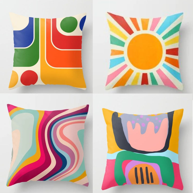 Four cushion covers with bright retro curves, a sun and abstract floral shapes.