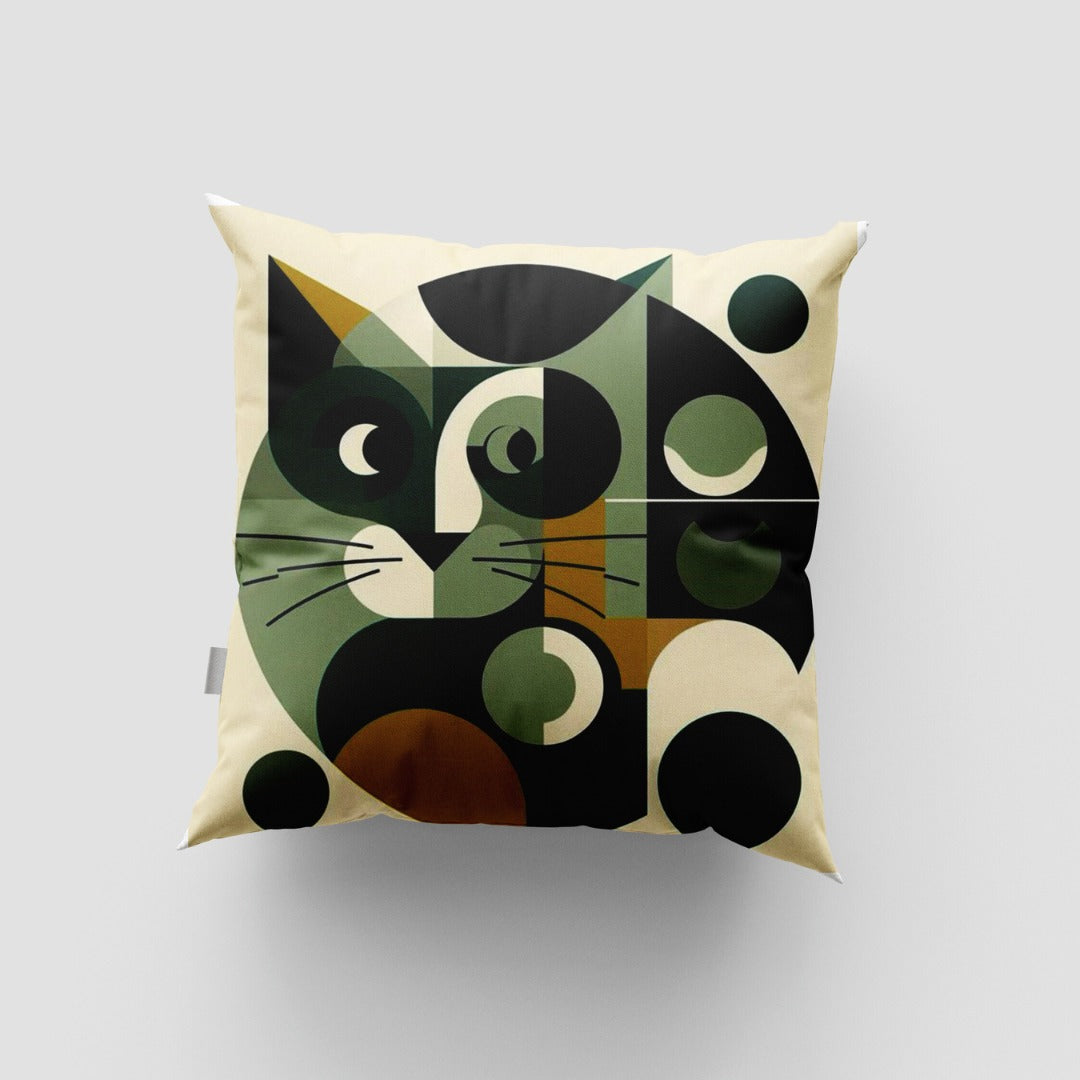 Cream cushion cover with a large geometric green and black cat face.